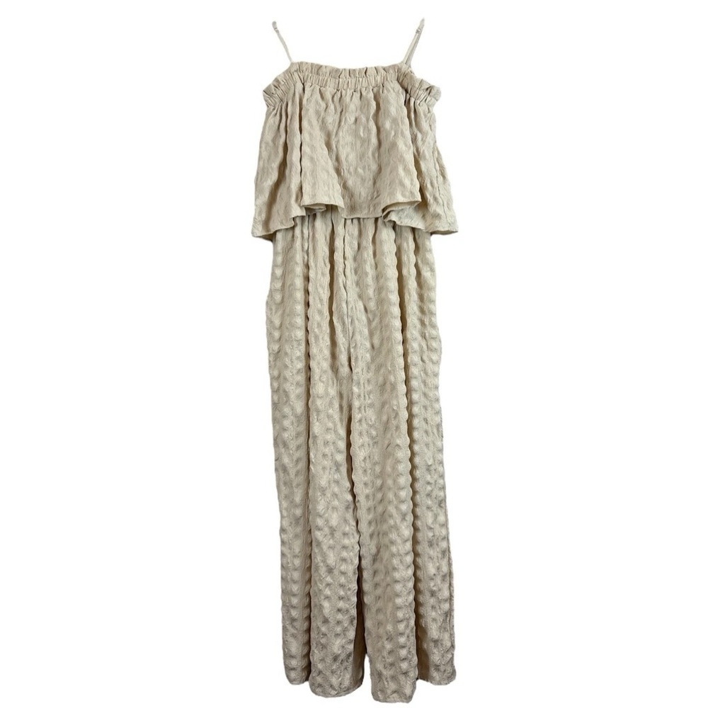 ASOS Seersucker Textured Ruffle Stretch Wide Leg Cocktail Jumpsuit Beige Size 6